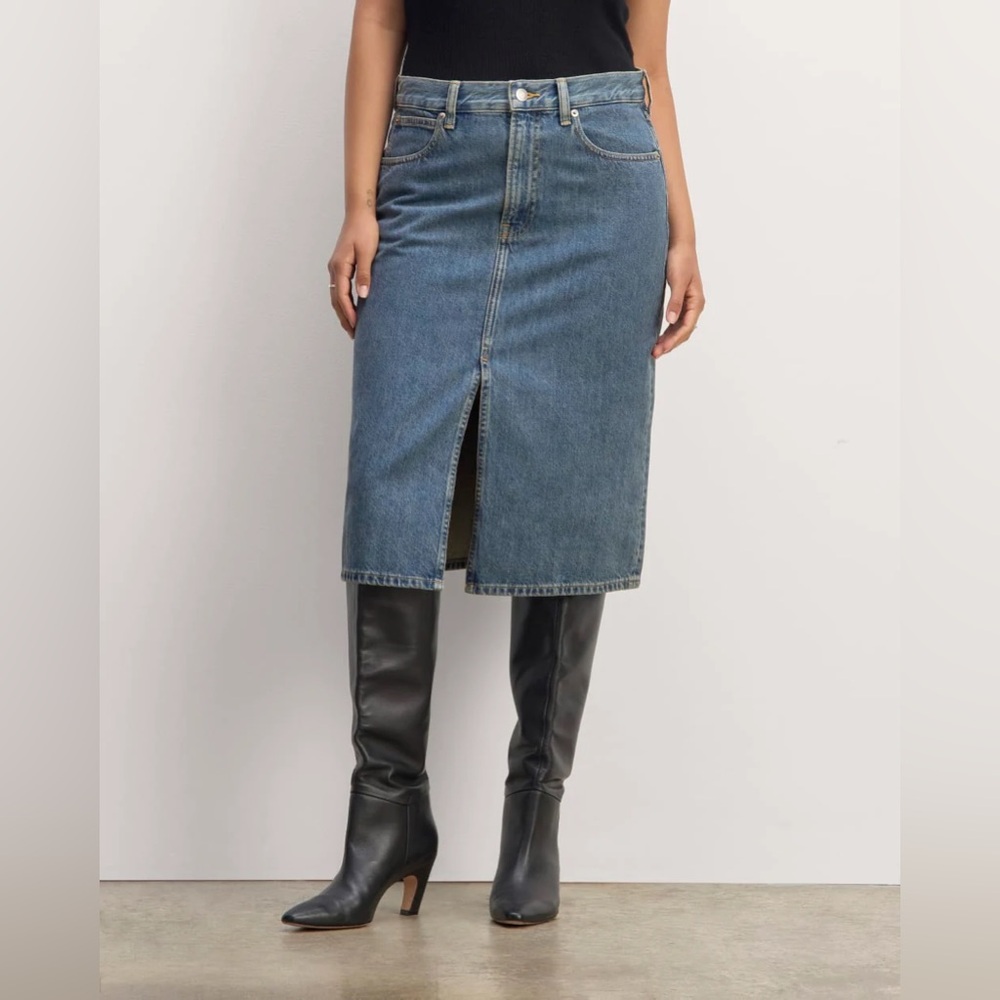 Everlane The Mid-Way‎ Skirt Mid Rise Blue Denim Midi Jean Skirt Size 28